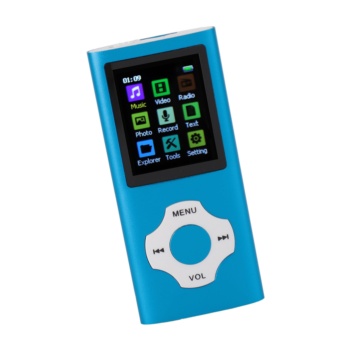 Blauer MP3-Player mit Symbolen für Musik, Video, Radio und Einstellungen.