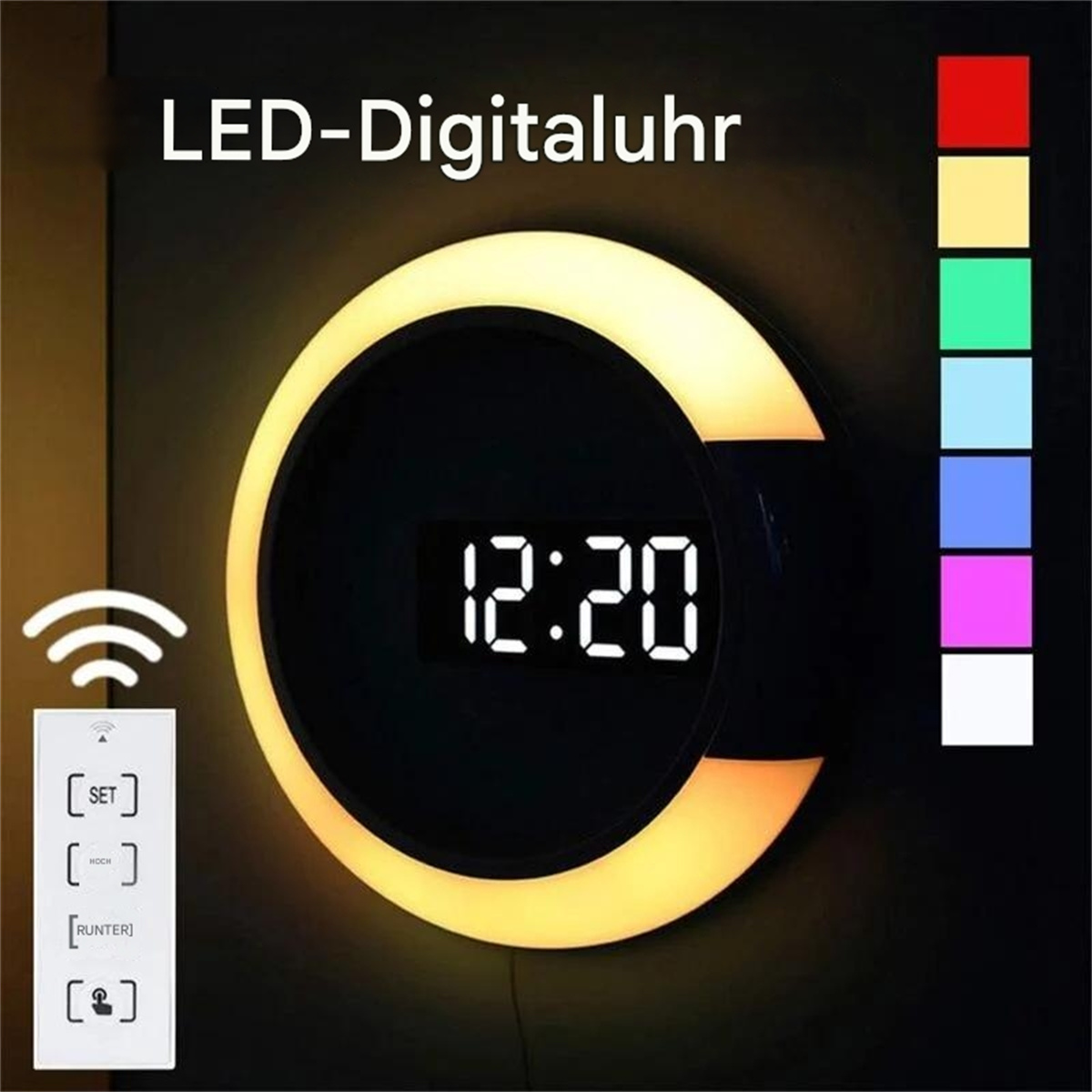 Digitaluhr mit kreisförmigem Licht und Fernbedienung, an der Wand montiert.