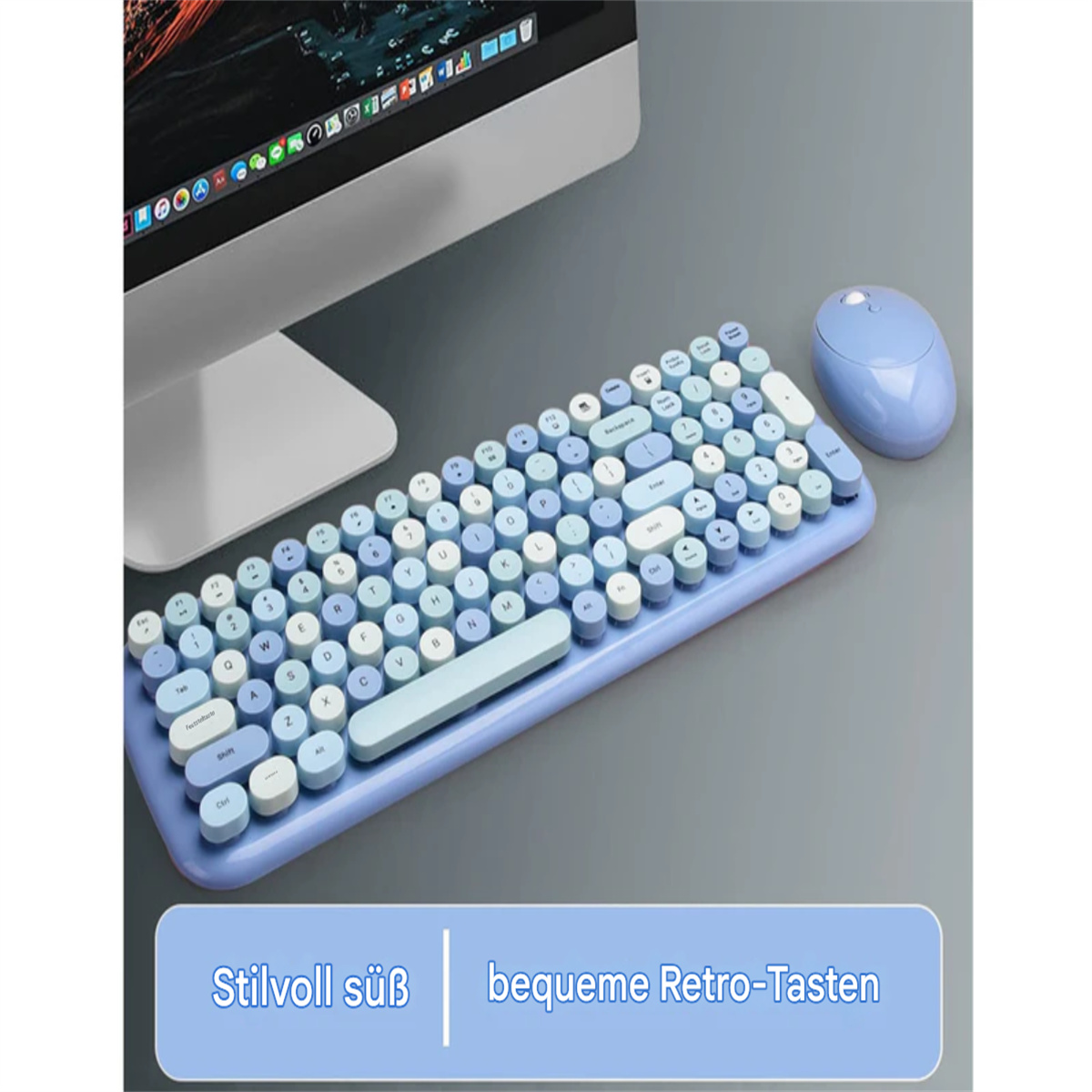 Blaue Tastatur und Maus auf hellblauer Oberfläche. Text darunter lautet „Stilvoll süß | Bequeme Retro-Tasten“ auf Deutsch.
