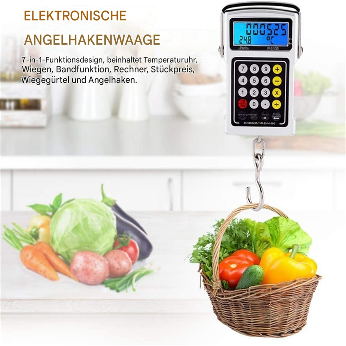 Digitale Angelwaage mit Gemüse. Waage zeigt Gewicht, Preis und Einheiten an. Korb enthält Produkte.