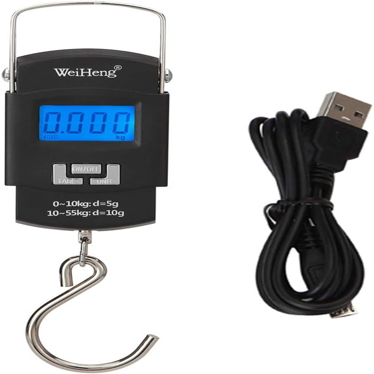 Eine schwarze Hängewaage mit digitaler Anzeige, Haken und USB-Kabel. Anzeige zeigt 0,000 kg.