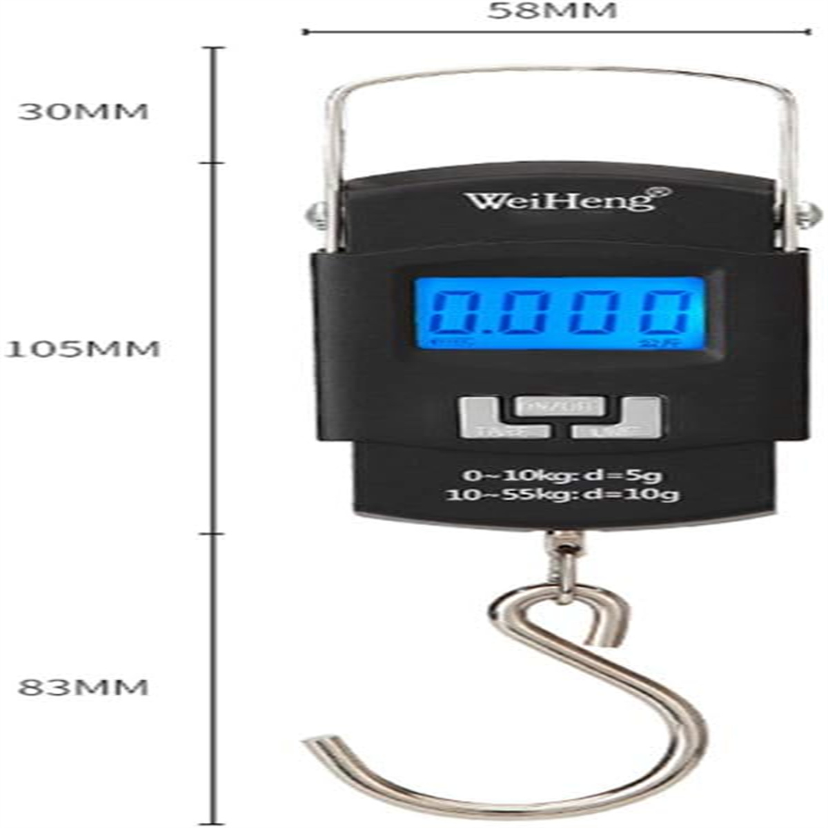 Schwarze digitale Hängewaage mit Anzeige 0.000, Abmessungen sichtbar.