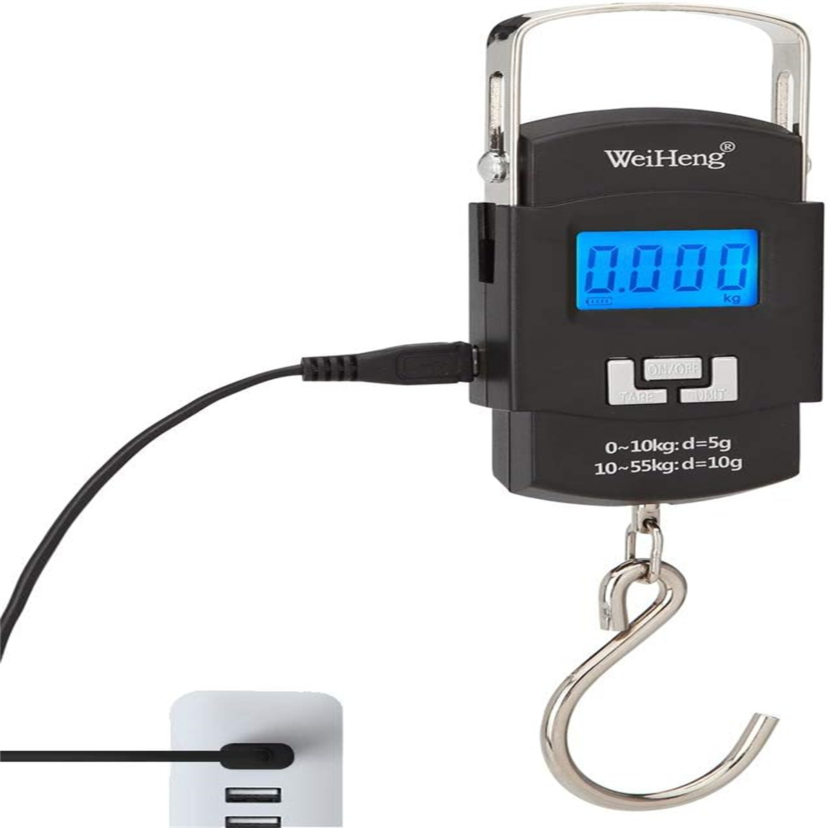 Schwarze digitale Hängewaage mit Haken und Anzeige mit 0,000 kg, mit USB-Kabel.