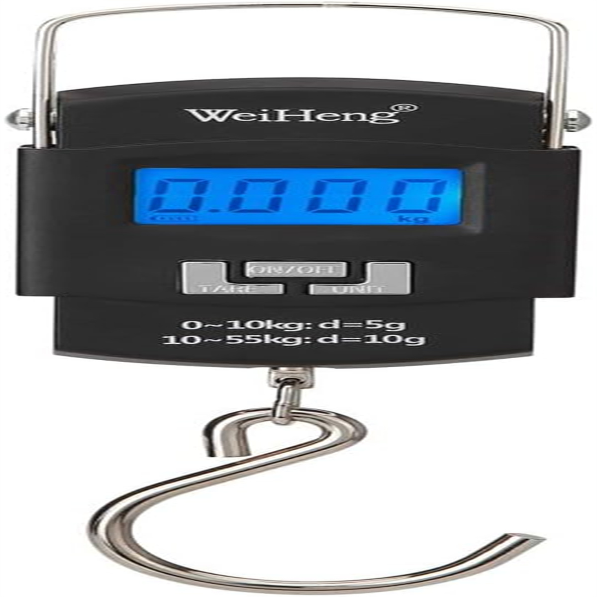 Schwarze Digitalwaage mit Haken.