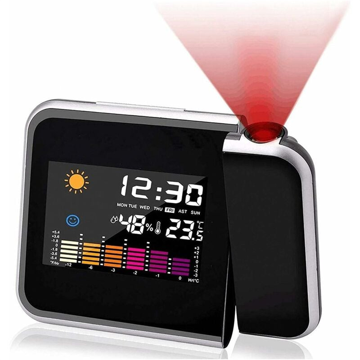 Digitaluhr mit roter Lichtprojektion. Zeigt Zeit, Wetter und Temperatur an.