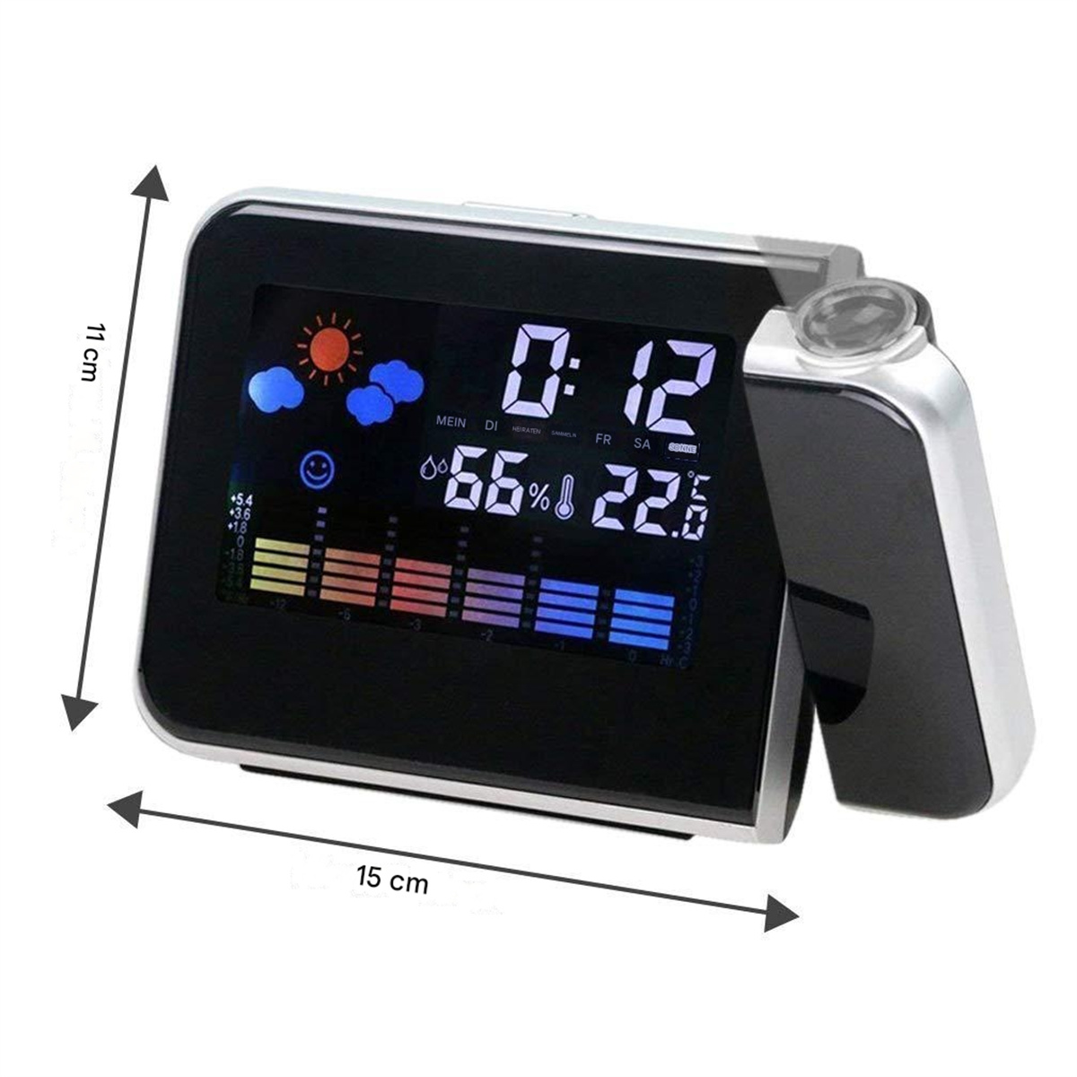Schwarz-silberne Digitaluhr mit Wettersymbolen, Maßen. Sie zeigt Zeit, Temperatur und Vorhersage. Weißer Hintergrund.