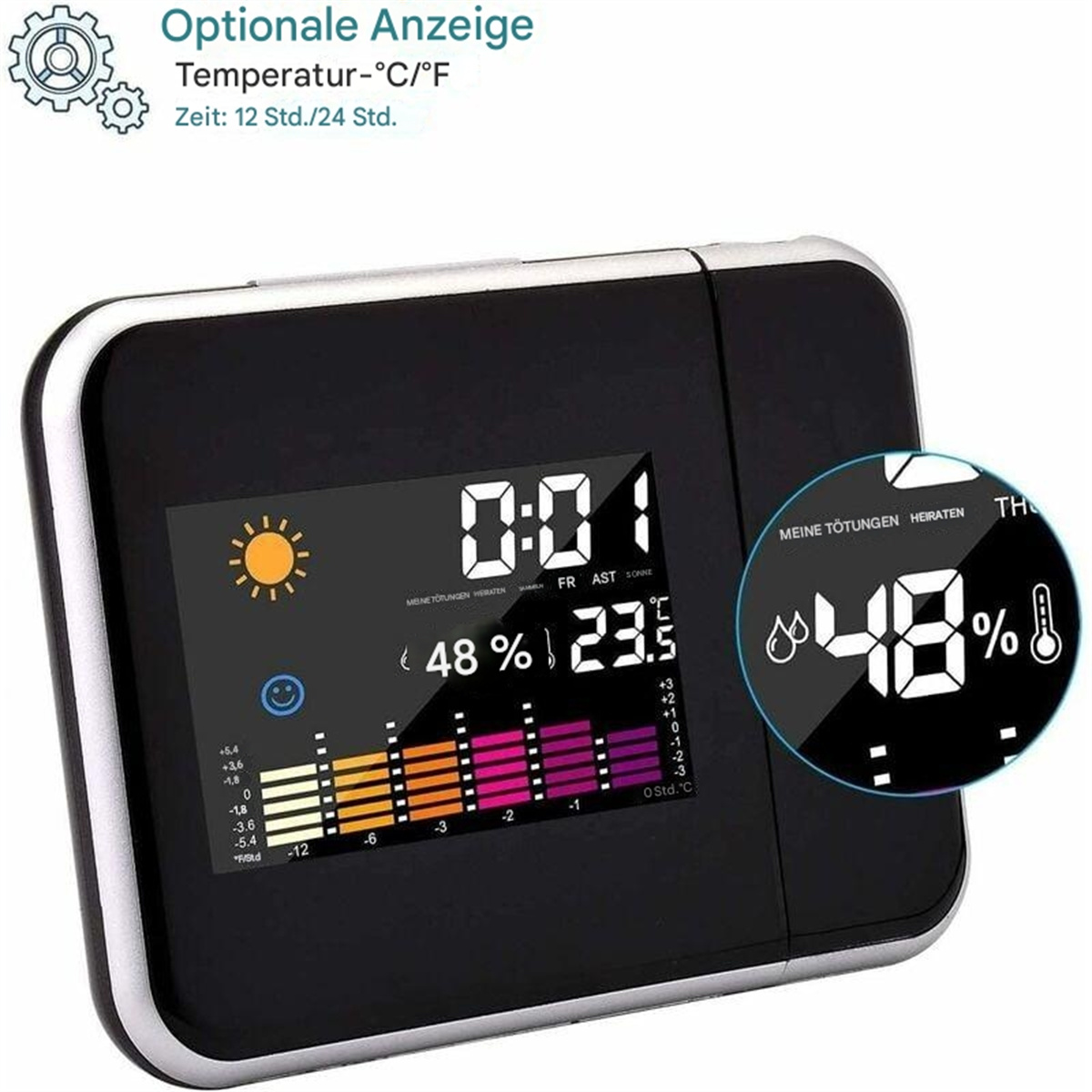 Schwarze Digitaluhr, die Zeit, Temperatur, Luftfeuchtigkeit und Wettersymbole anzeigt.