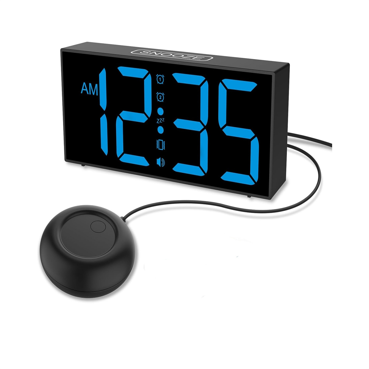 Schwarzer digitaler Wecker mit blauen Ziffern, die 12:35 Uhr AM anzeigen, und Vibrationsgerät.