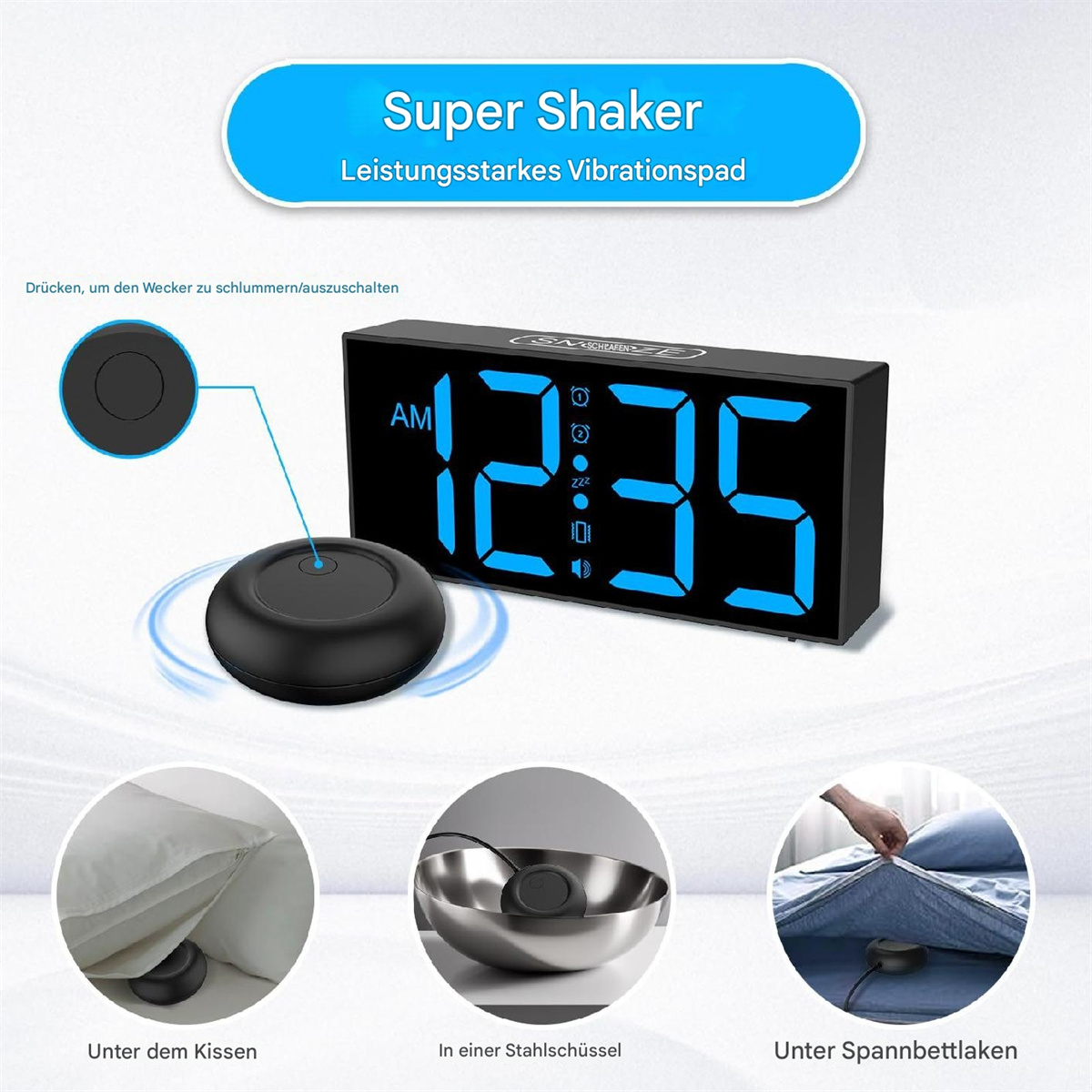 Schwarzer Wecker mit blauem Digitaldisplay, Vibrationspad und verschiedenen Platzierungen.