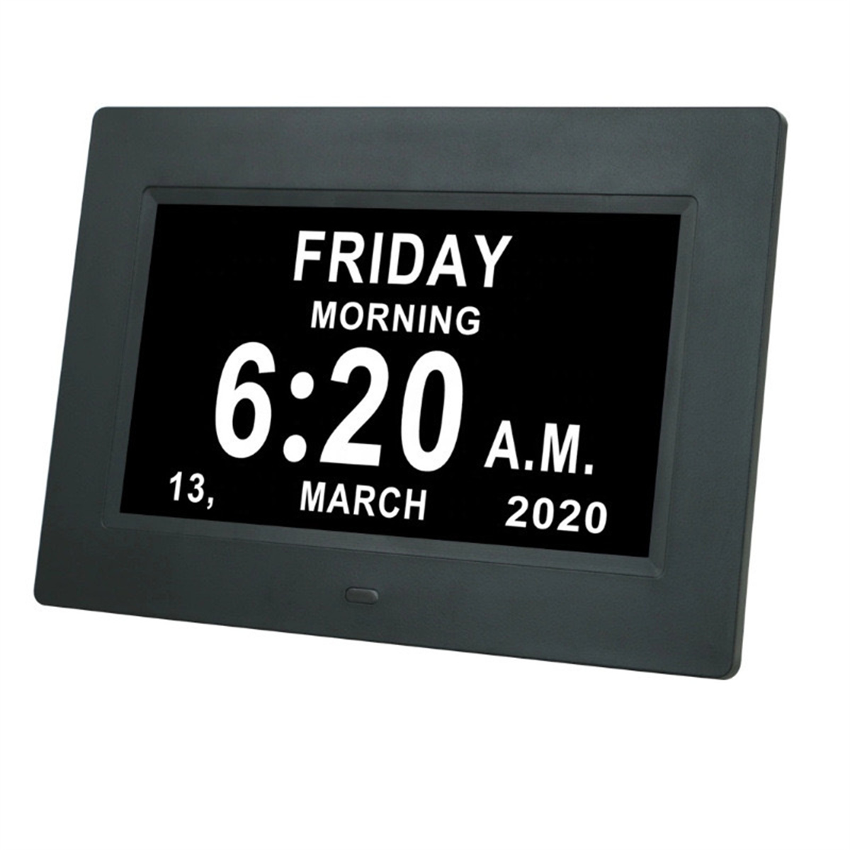 Digitaluhr auf schwarzem Rahmen zeigt Freitag, 13. März 2020, um 6:20 Uhr morgens in Weiß.