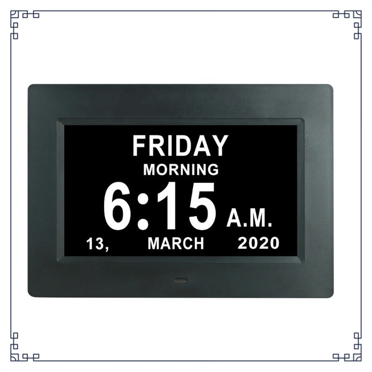 Eine Digitaluhr, die "FRIDAY MORNING 6:15 A.M., MARCH 13, 2020" anzeigt.