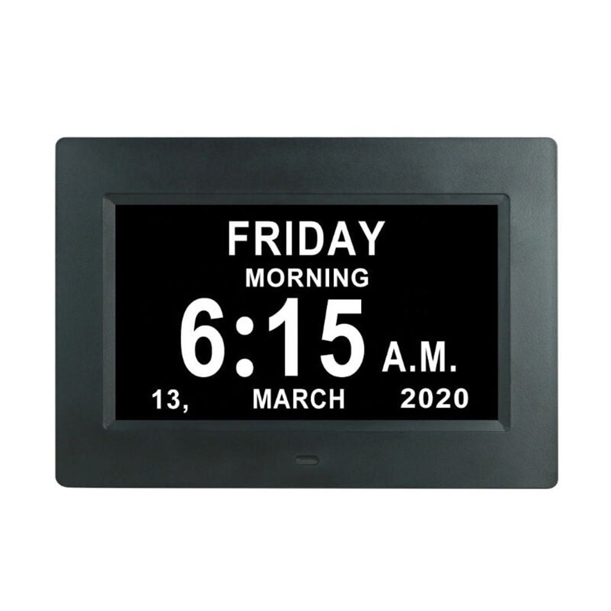 Digitaluhr mit der Anzeige: Freitag Morgen, 6:15 Uhr, 13. März 2020.