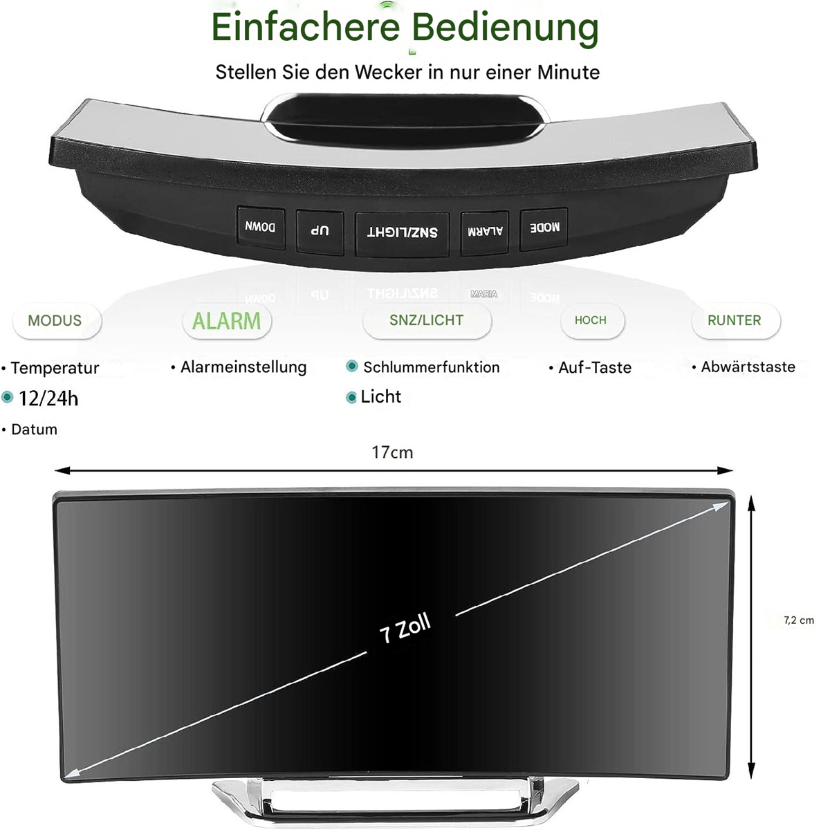 Schwarzer und silberner Wecker mit großem Bildschirm.