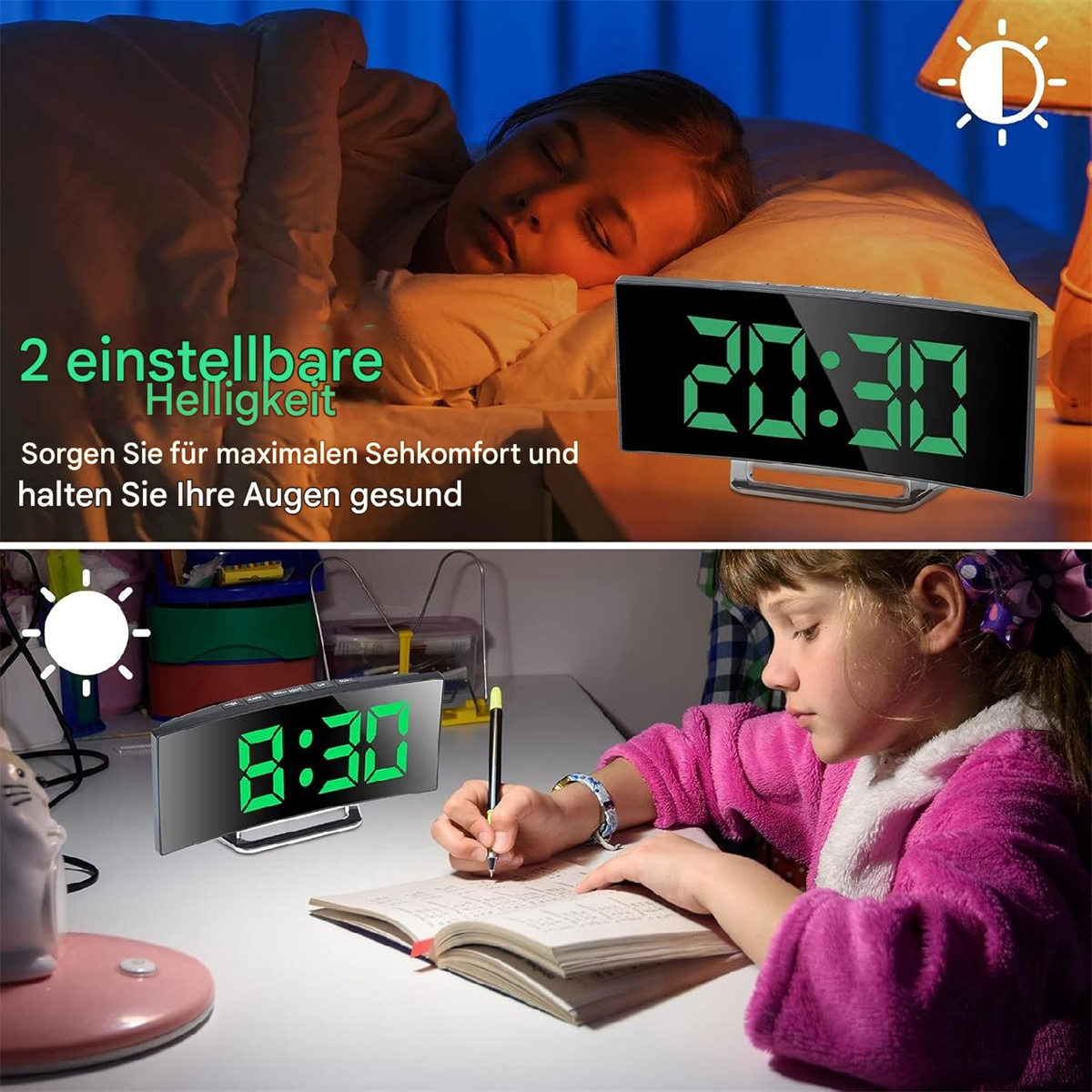 Ein schlafendes Kind, ein Schreibtisch mit Uhr 20:30 und ein Mädchen, das am Schreibtisch schreibt.