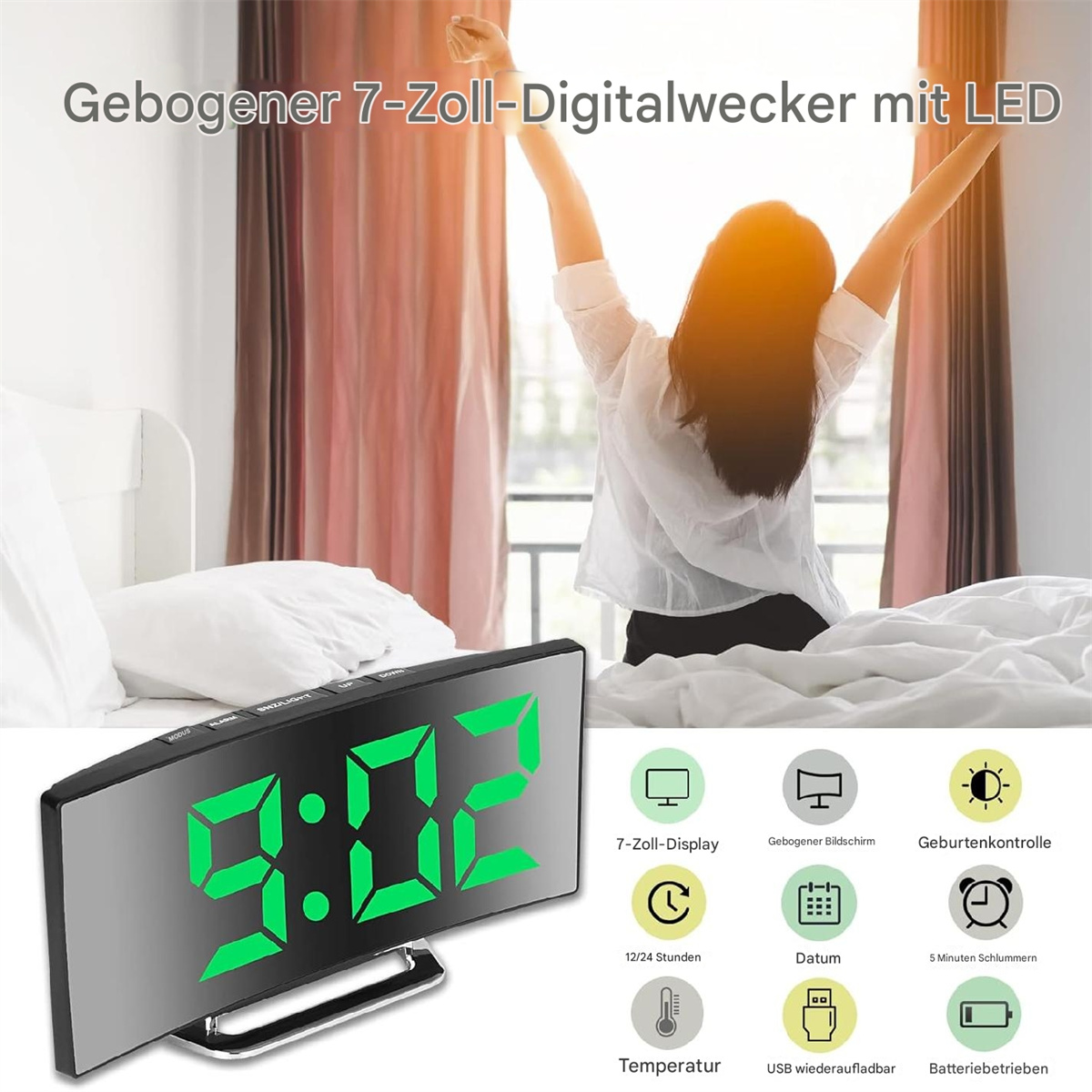Digitaler Wecker, zeigt Zeit und Symbole, Frau dehnt sich im Hintergrund.