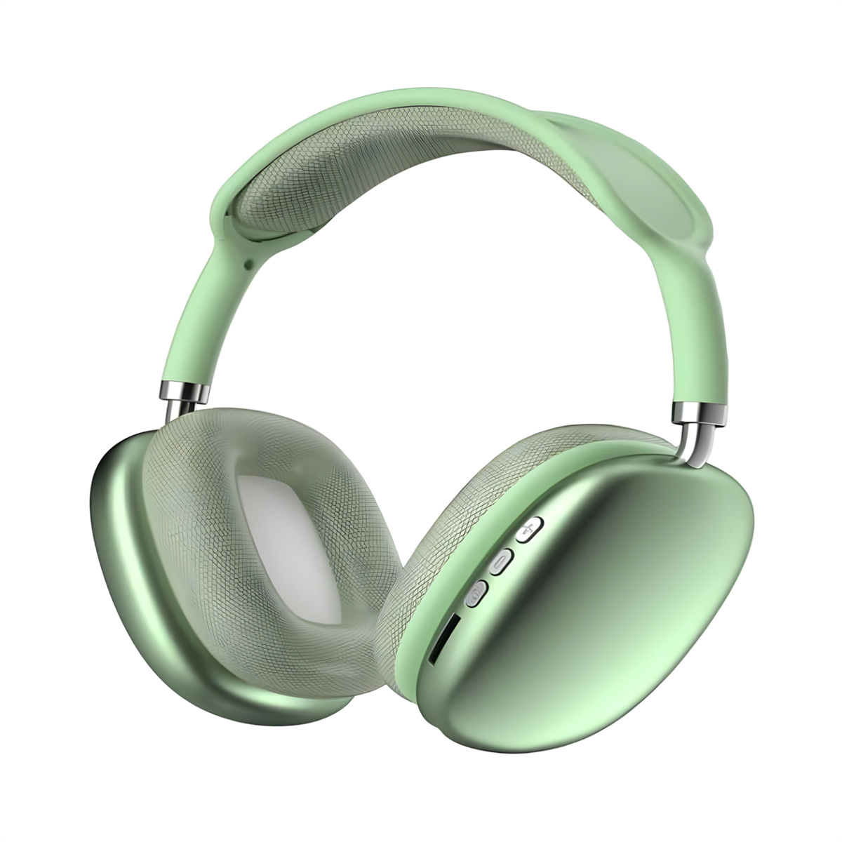 Minzgrüne Kopfhörer. Over-Ear-Design. Kissen und Kopfband sind mit Mesh überzogen. Silberne Metallakzente. Auf weißem Hintergrund.