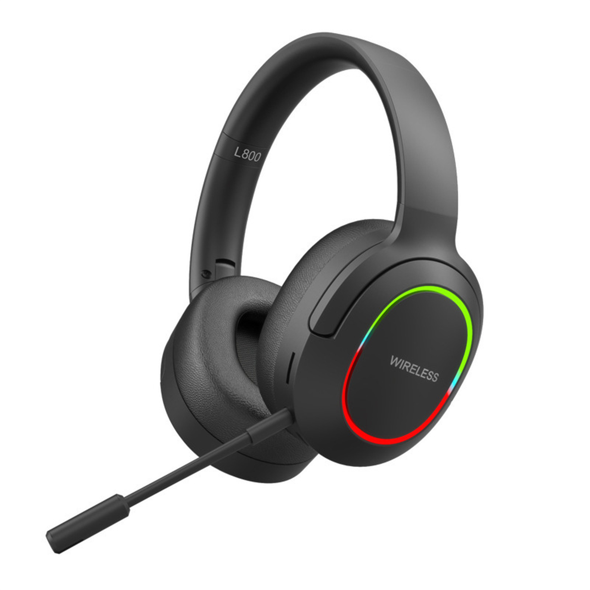 Ein schwarzes drahtloses Headset mit Mikrofon. Es hat einen grünen und roten Ring um ein Ohr.