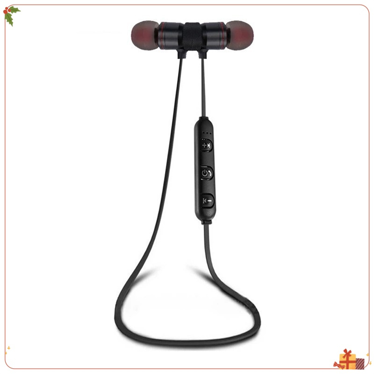 Schwarze kabellose Ohrhörer mit Bedienfeld am Kabel. Rote Ohrspitzen, weißer Hintergrund.