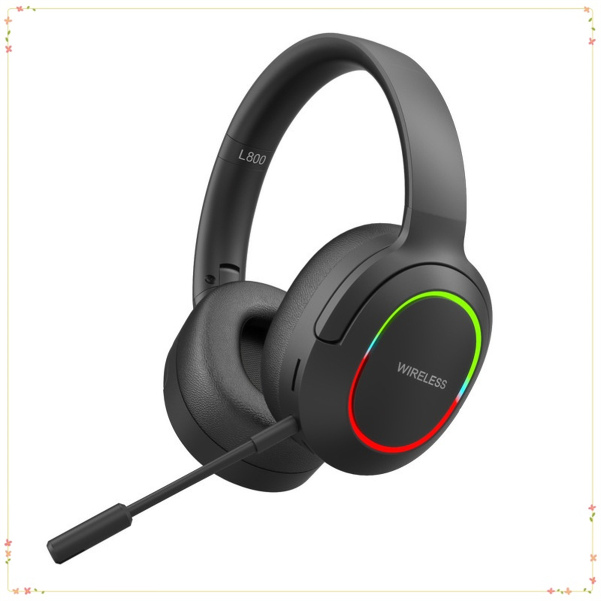 Schwarzes kabelloses Headset mit Mikrofon. Die Ohrmuscheln haben einen grünen und roten Lichtring.