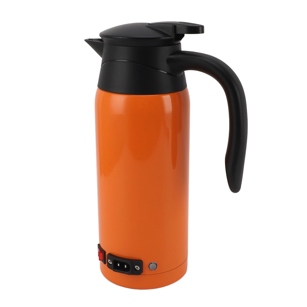 Ein orangefarbener elektrischer Wasserkocher mit schwarzem Deckel und Griff, mit Netzschalter und Steckerbereich.