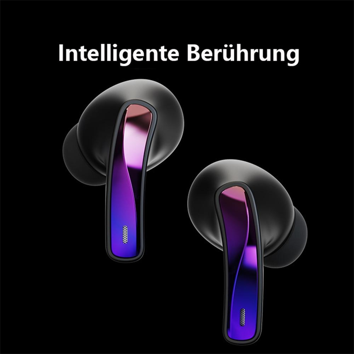 Zwei schwarze Ohrhörer mit lila Akzenten auf schwarzem Hintergrund. Der Text 'Intelligente Berührung' steht oben.