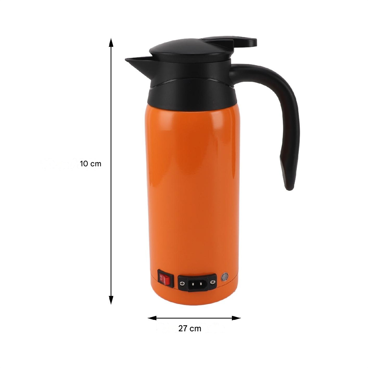 Ein orangefarbener elektrischer Wasserkocher mit schwarzem Griff und Deckel. Er hat einen Netzschalter und einen Stromanschluss.