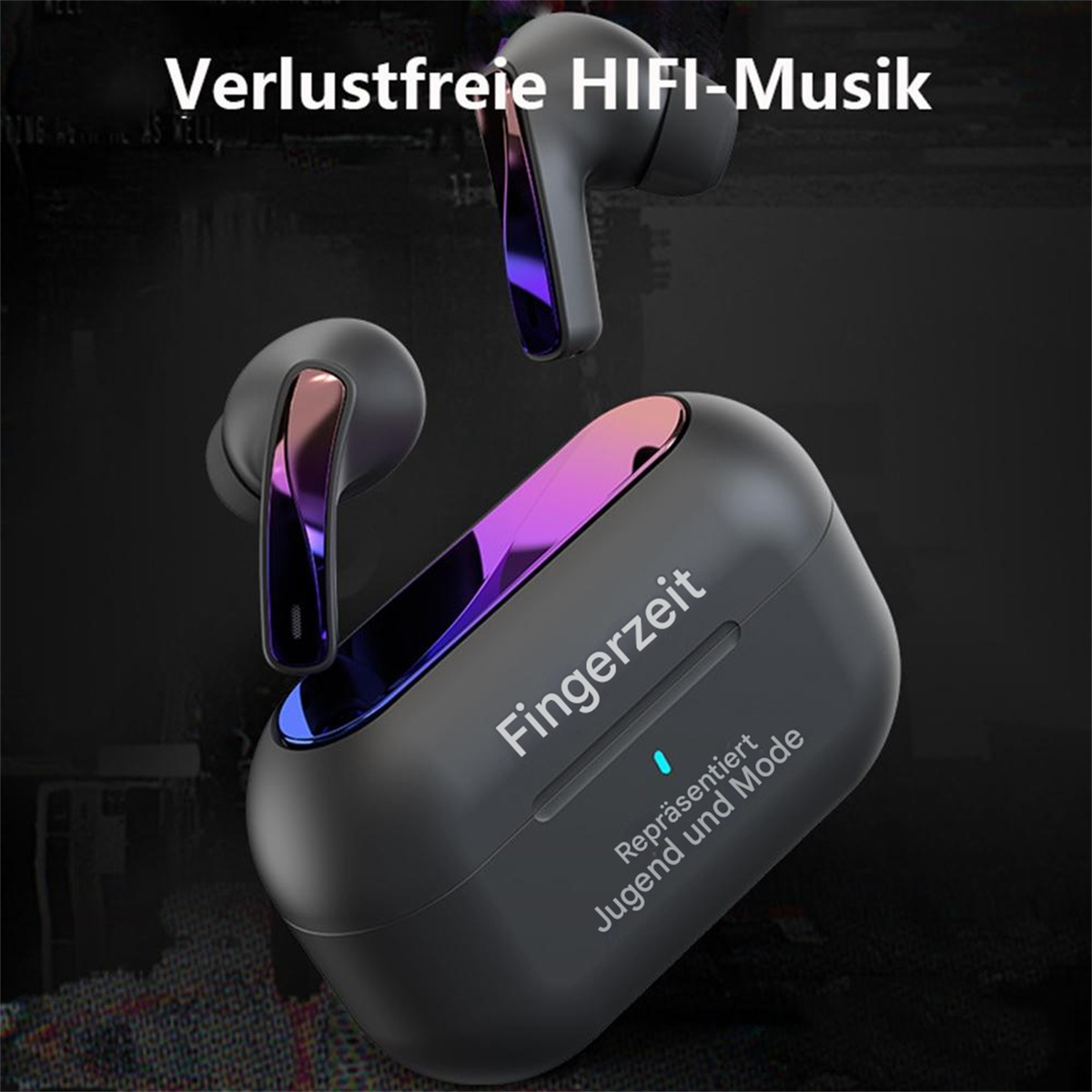 Ohrhörer und Ladecase. Ohrhörer haben Farbverlauf, das Case Text: Fingerzeit, Jugend und Mode.