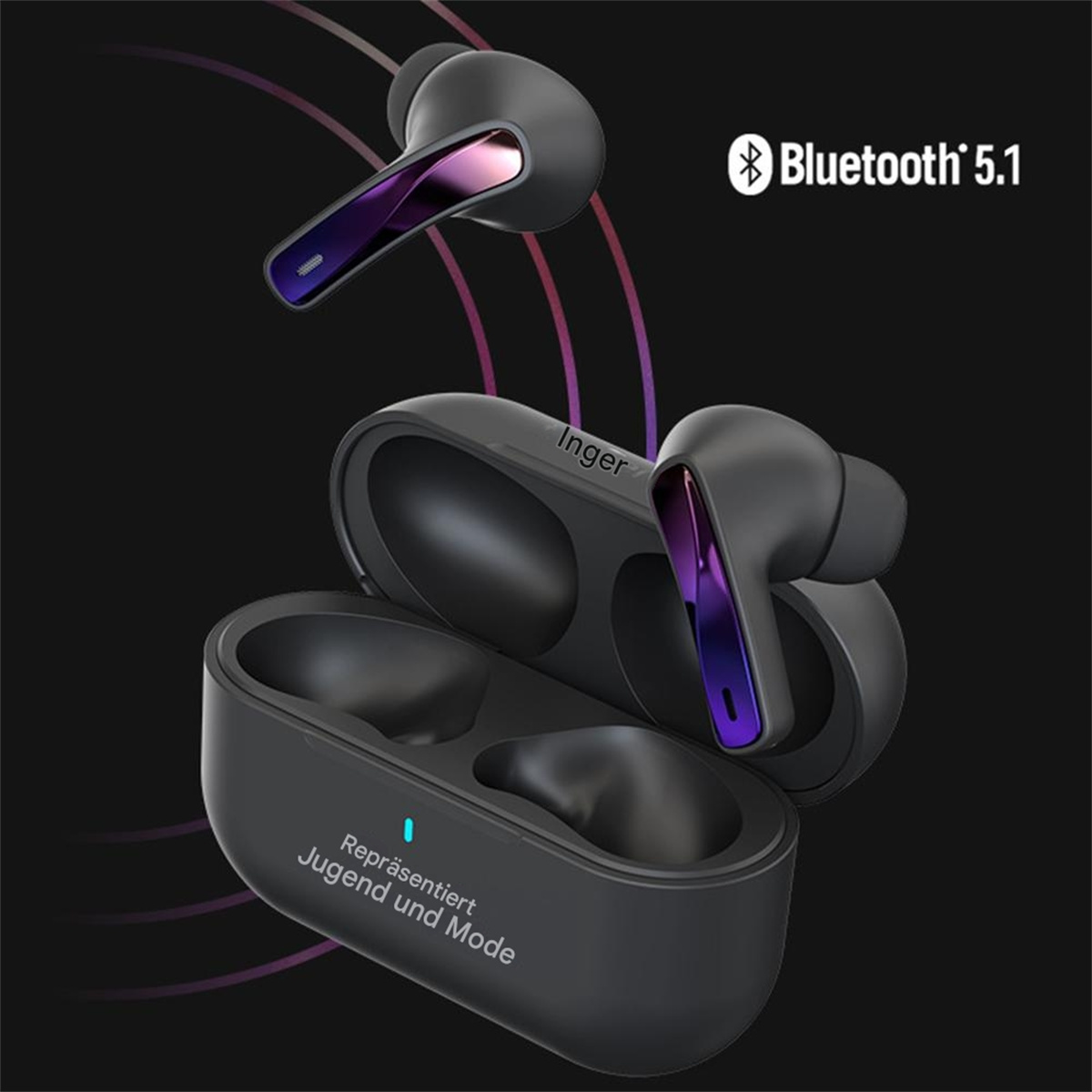 Schwarze Ohrhörer mit violetten Akzenten, im Etui und Bluetooth 5.1 Logo auf schwarzem Hintergrund.