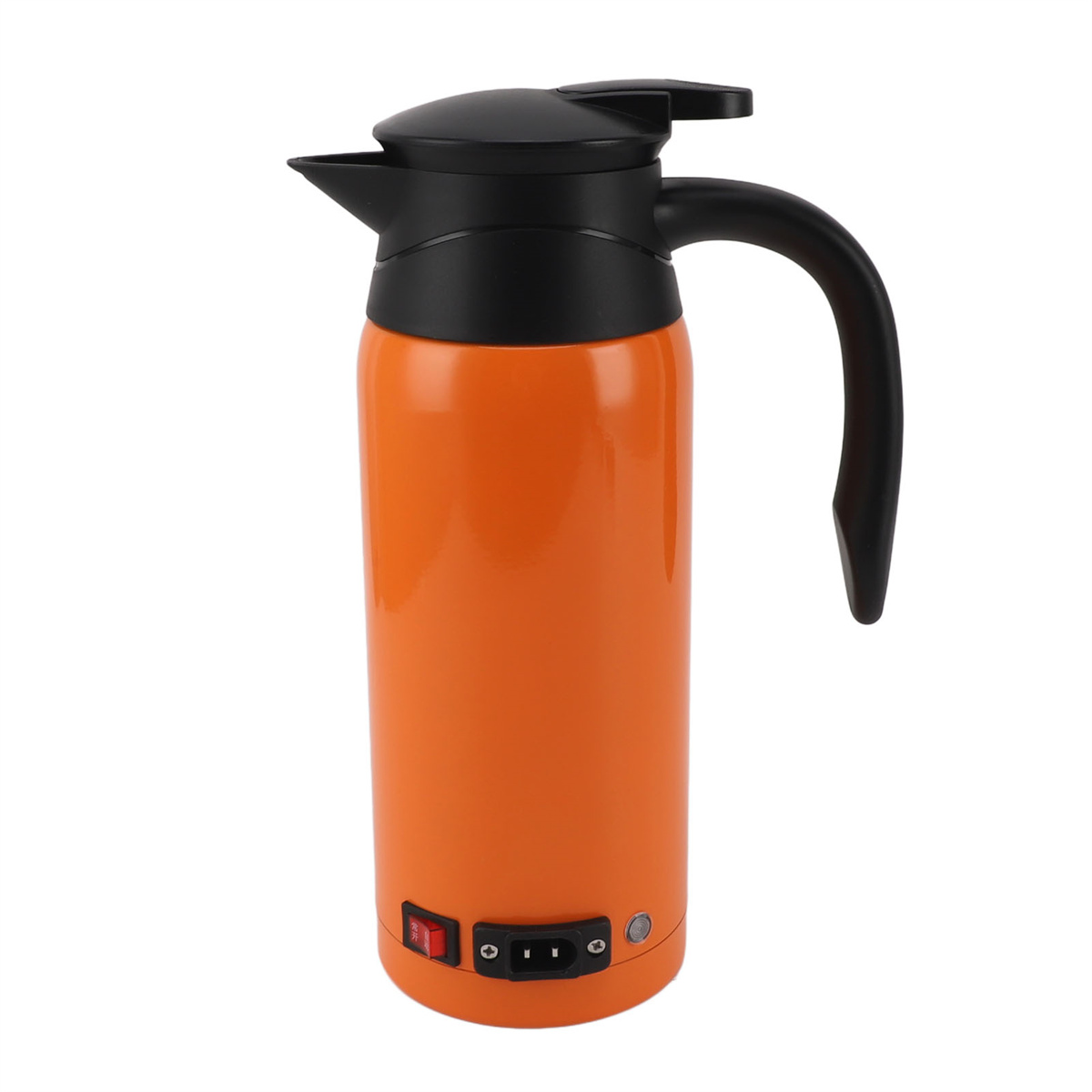 Ein orangefarbener elektrischer Wasserkocher mit schwarzem Griff und Deckel. Er hat einen Einschaltknopf und eine Steckdose.