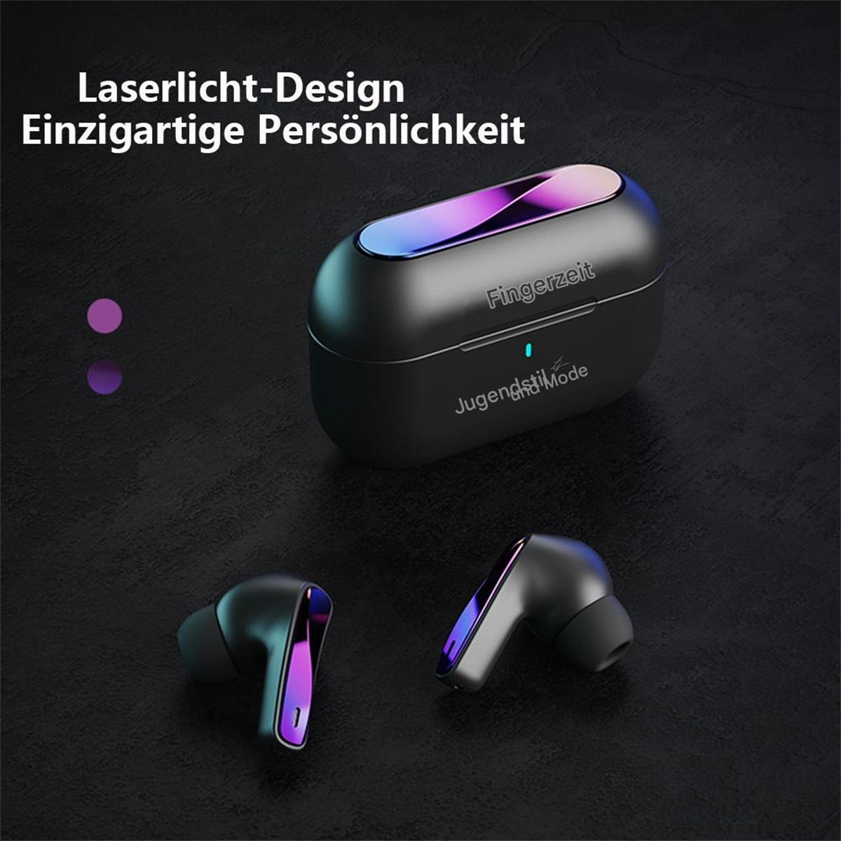 Schwarze kabellose Ohrhörer mit lila und blauen Akzenten. Eine schwarze Hülle wird mit einem Licht darauf gezeigt. Schwarzer Hintergrund.