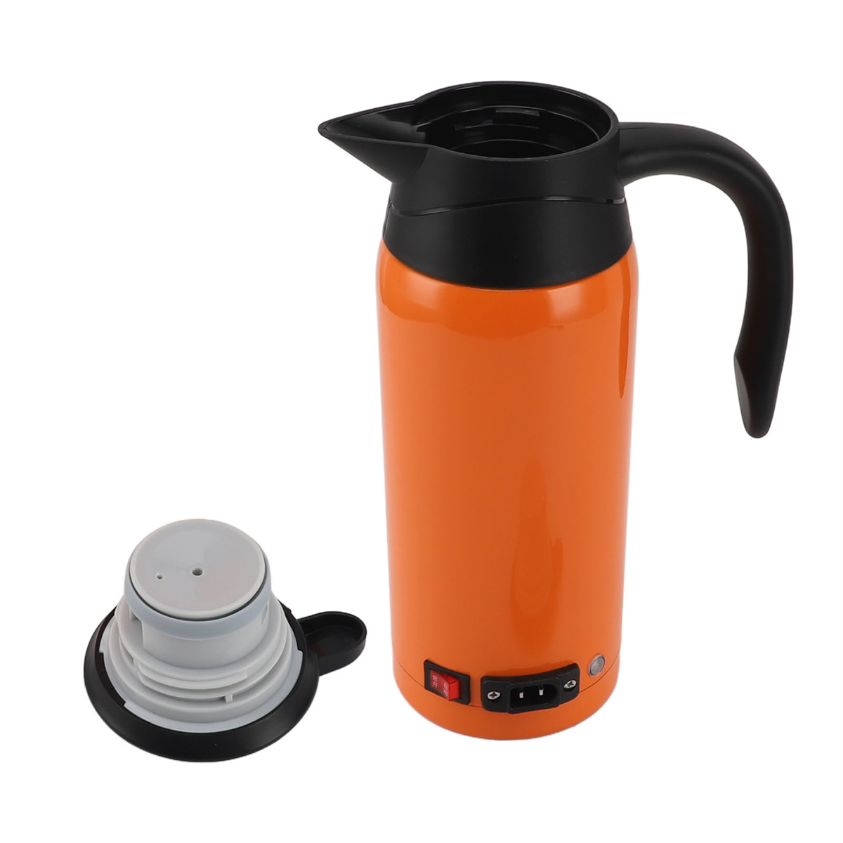 Orangener elektrischer Wasserkocher mit offenem Deckel. Er hat einen schwarzen Griff, roten Schalter und Netzkabel.