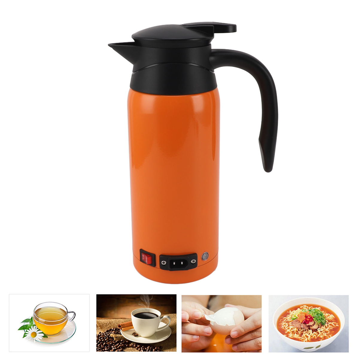Orangener elektrischer Wasserkocher mit schwarzem Deckel und Griff. Enthält Bilder von Tee, Kaffee, Eiern und Nudeln.