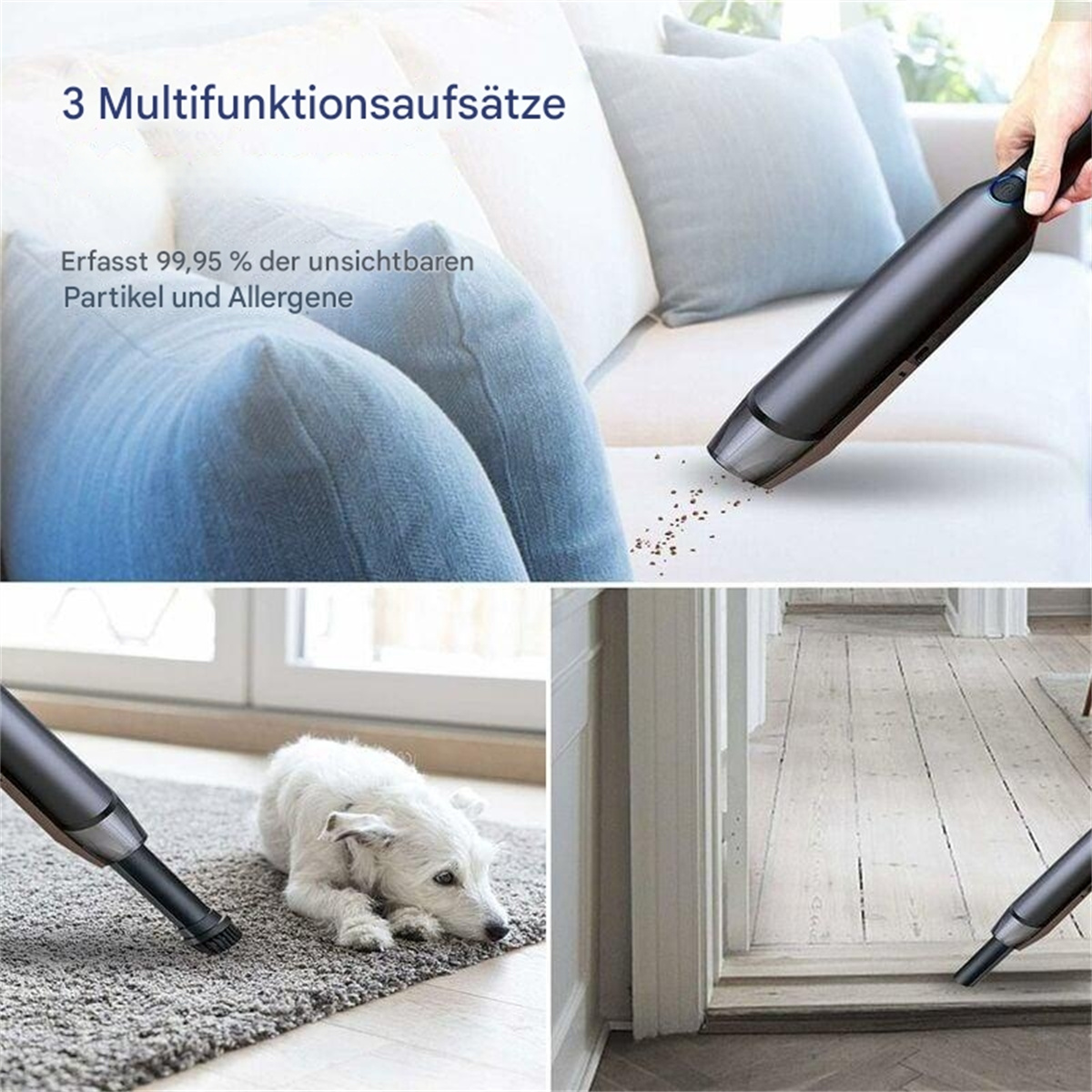 Ein Staubsauger im Einsatz auf verschiedenen Oberflächen. Text sagt 3 Multifunktionsaufsätze.