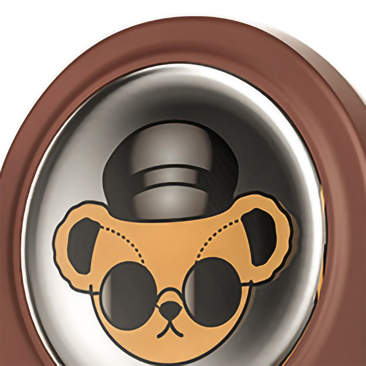 Ein braun umrandeter Kreis hält ein Bären-Cartoon-Gesicht mit Sonnenbrille und Hut auf glänzender Oberfläche.