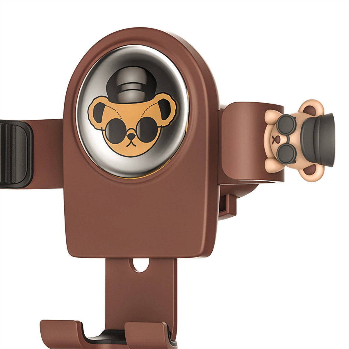Brauner Autotelefonhalter mit Bärengesicht, mit einem kleineren Bären an der Seite.