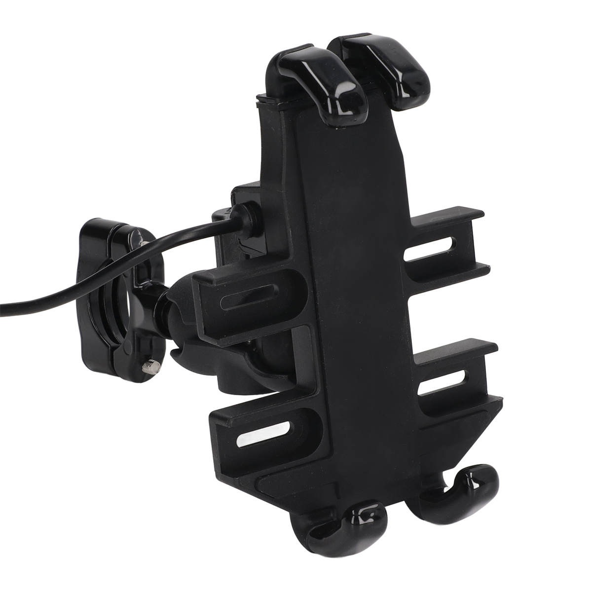 Schwarze Telefonhalterung für ein Fahrrad. Schwarzes Kabel befestigt. Weißer Hintergrund.