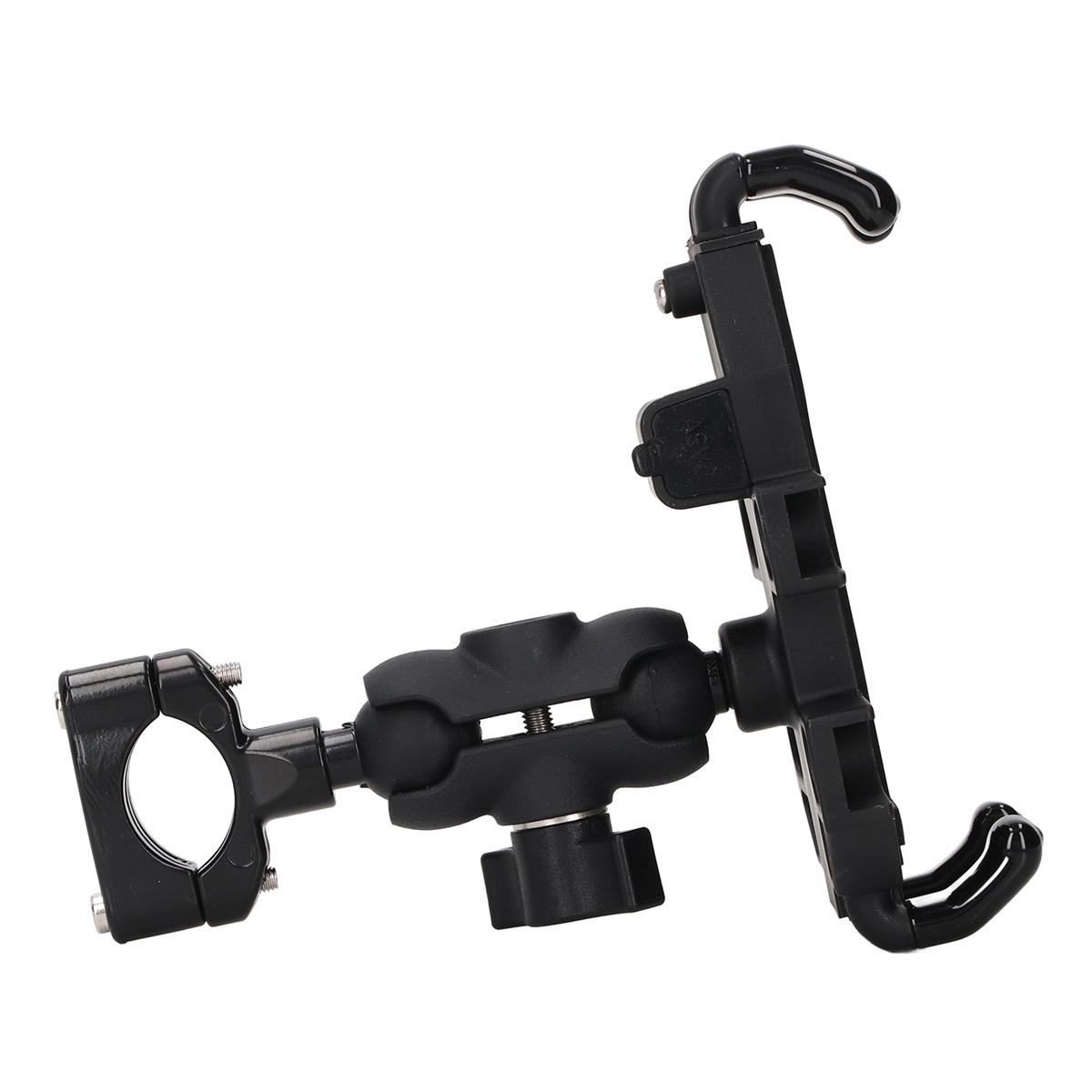 Eine schwarze Telefonhalterung für ein Fahrrad mit verstellbaren Armen und Kugelgelenk zur Positionierung.
