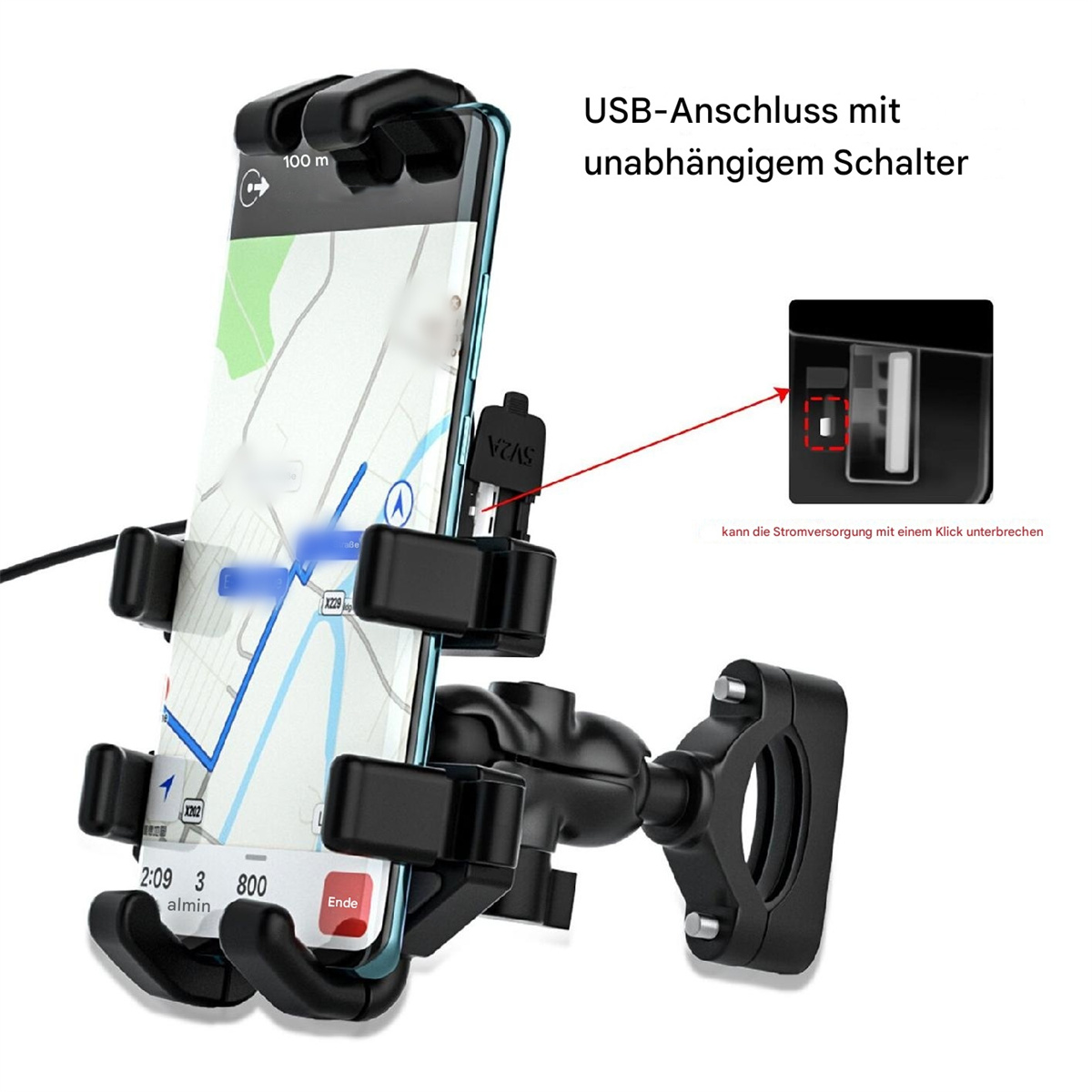 Am Fahrradlenker montiertes Telefon mit Karte. Text: USB-Anschluss mit unabhängigem Schalter.