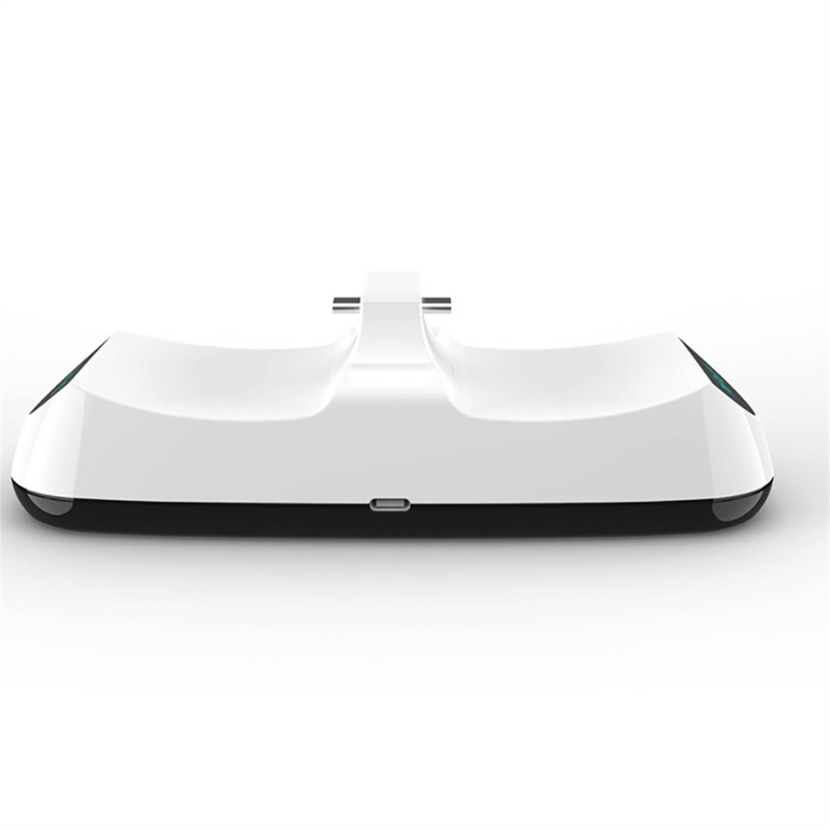 Weiße Ladestation für zwei Controller mit schwarzem Sockel, Seitenansicht.