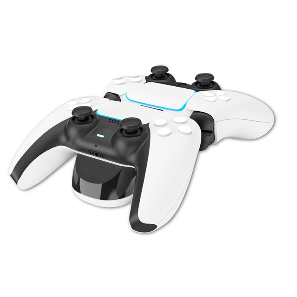 Weiße und schwarze Gaming-Controller auf Ladestation. Weißer Hintergrund.