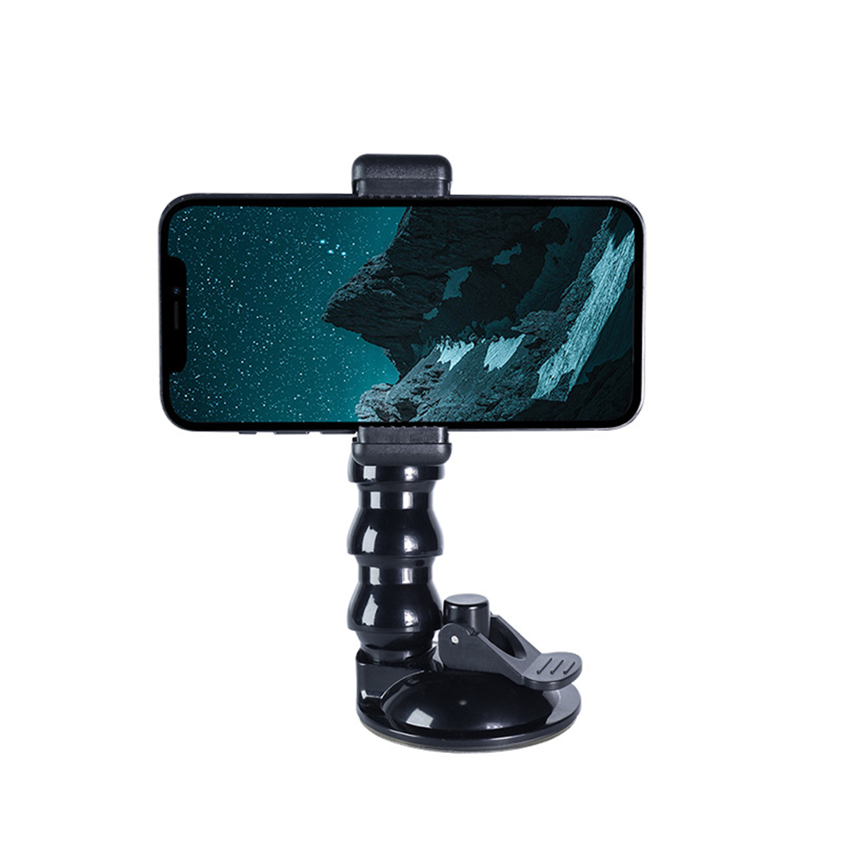 Ein schwarzes Telefon ist auf einem flexiblen, schwarzen Ständer mit einem Saugnapf befestigt, vor weißem Hintergrund.