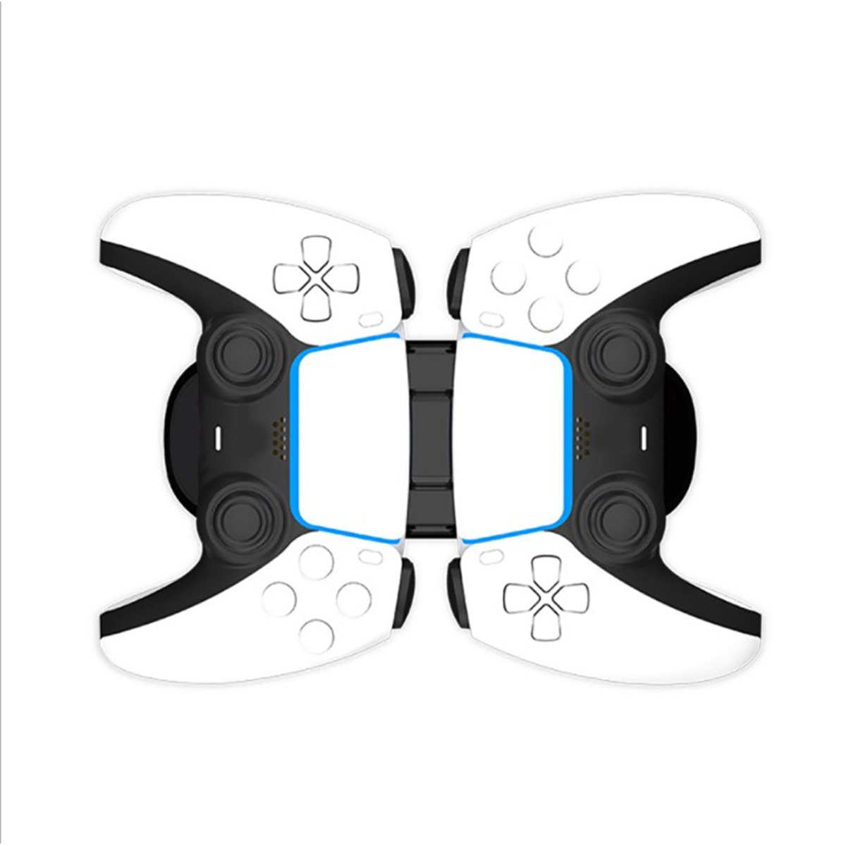 Weiß-schwarze Gamecontroller-Ladestation, zeigt zwei Controller und eine zentrale Ladestation.