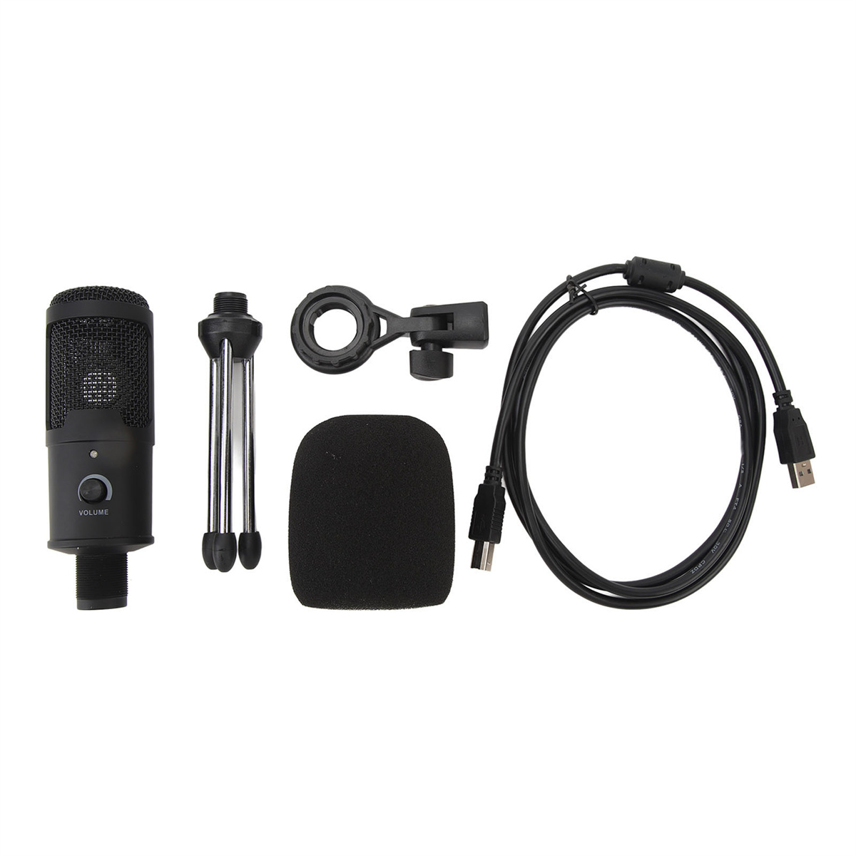 Mikrofon-Set mit Ständer, Pop-Filter, Stoßdämpfer und USB-Kabel, angeordnet auf weißer Oberfläche.