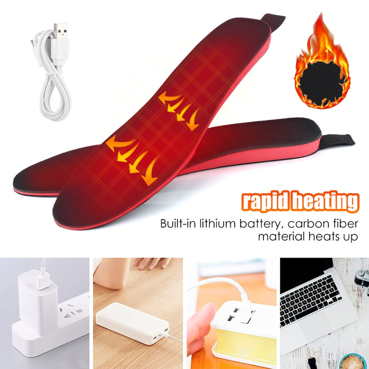 Beheizte Einlegesohlen mit USB-Ladekabel und Flammen-Grafik sowie zusätzlichem Ladezubehör.