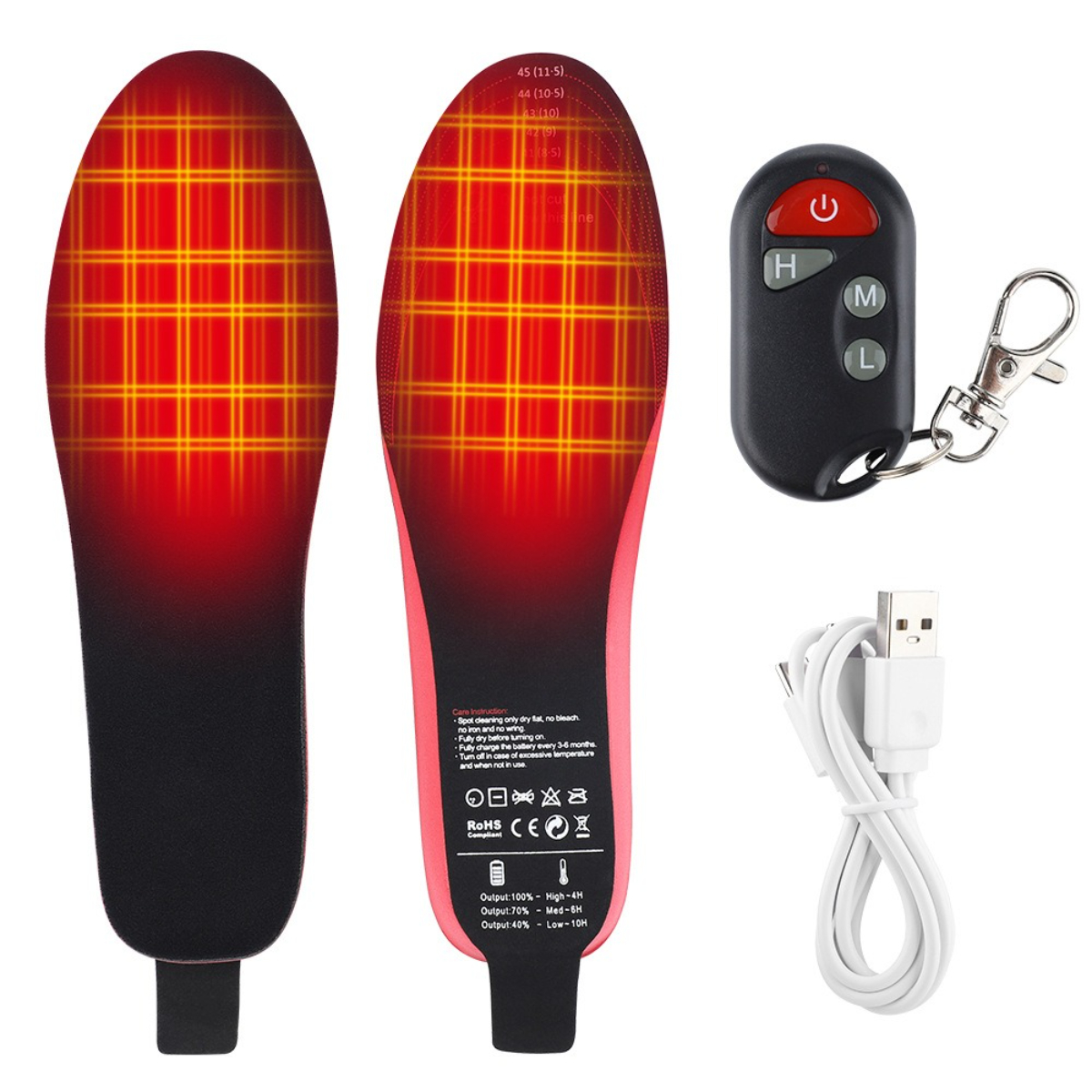 Beheizte Einlegesohlen mit Fernbedienung, USB-Kabel. Sohlen zeigen rote Wärme.