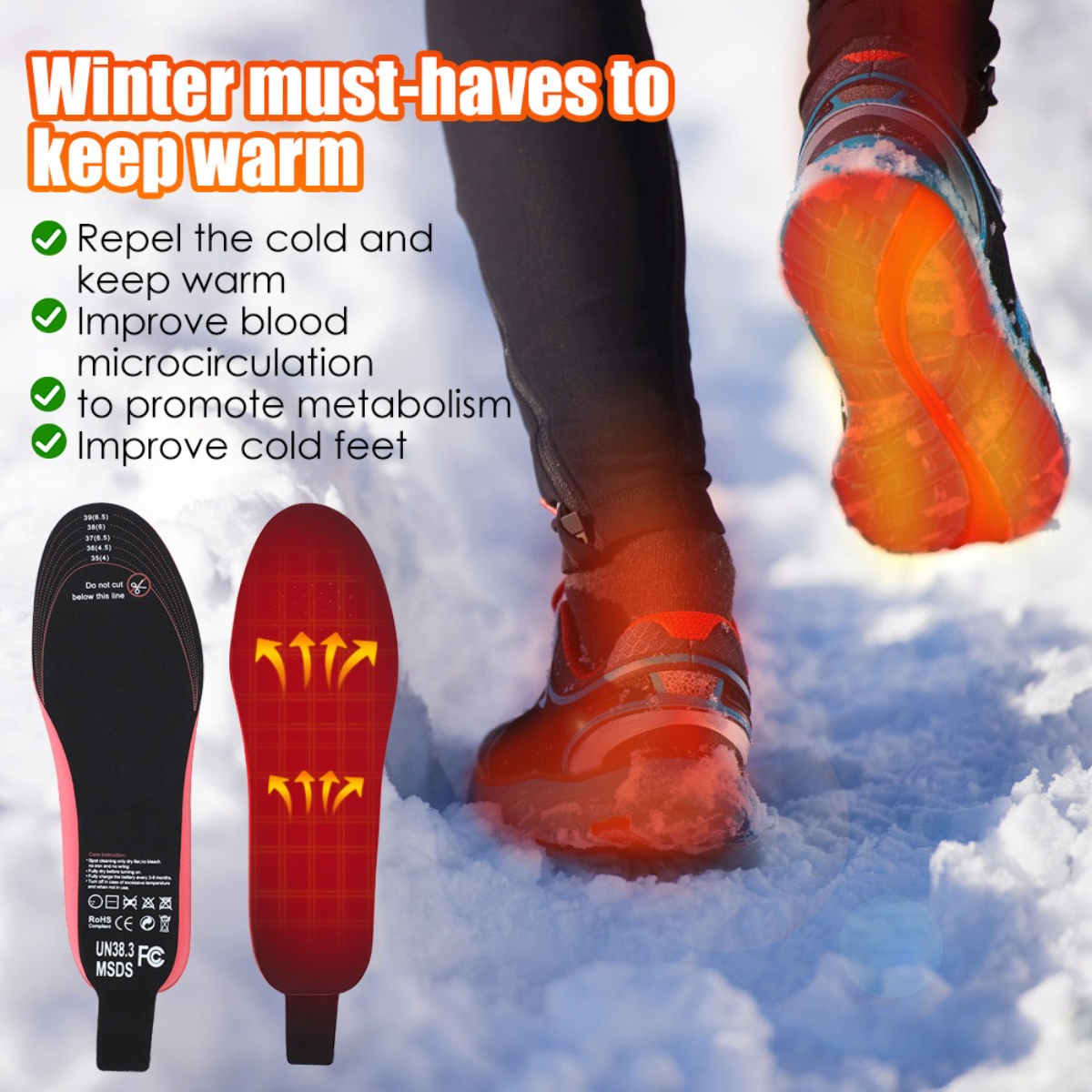 Winterstiefel mit beheizten Einlegesohlen im Schnee, mit Text über Vorteile.