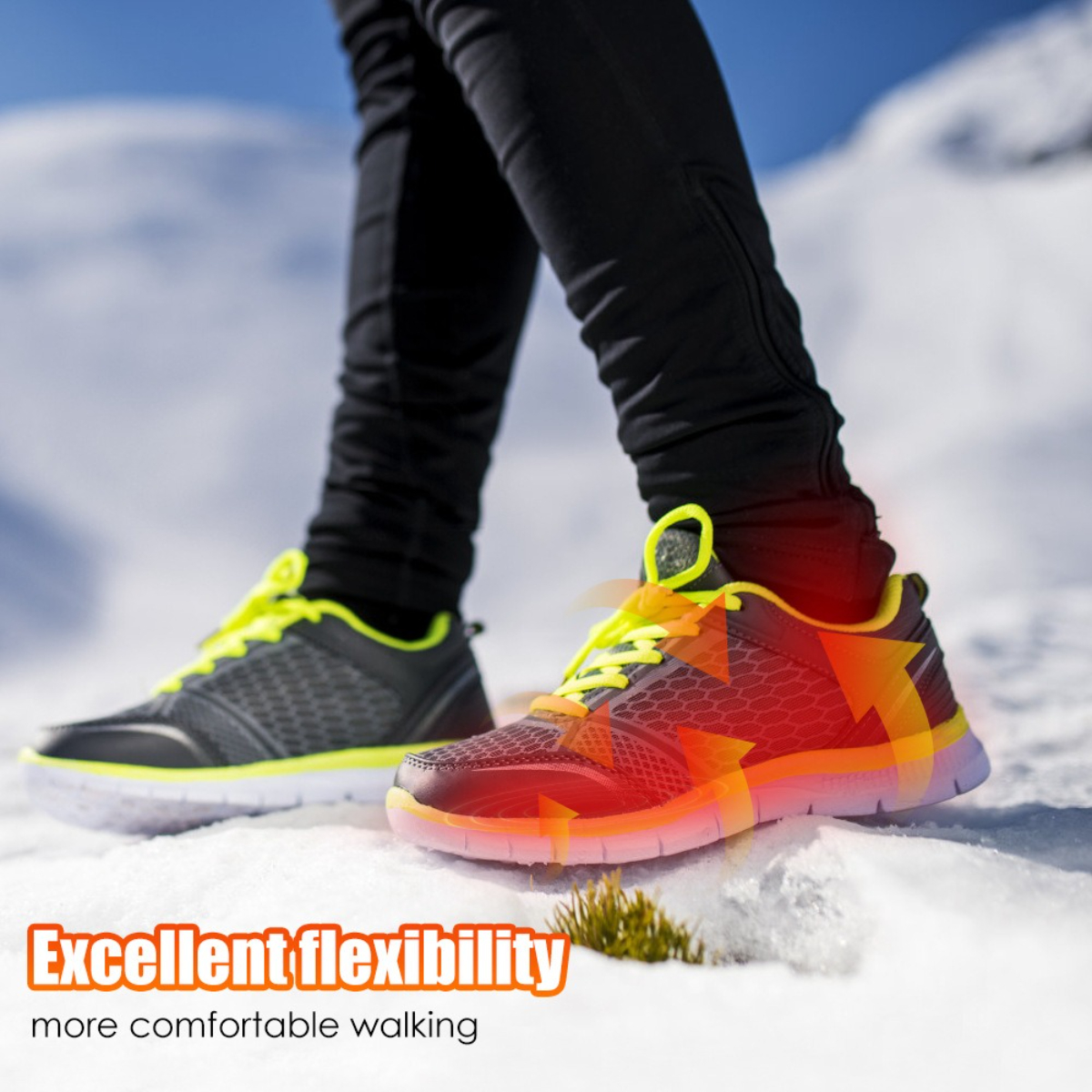 Schuhe im Schnee. Laufschuhe in Aktion im Schnee. Text: 'Ausgezeichnete Flexibilität, komfortableres Gehen'.