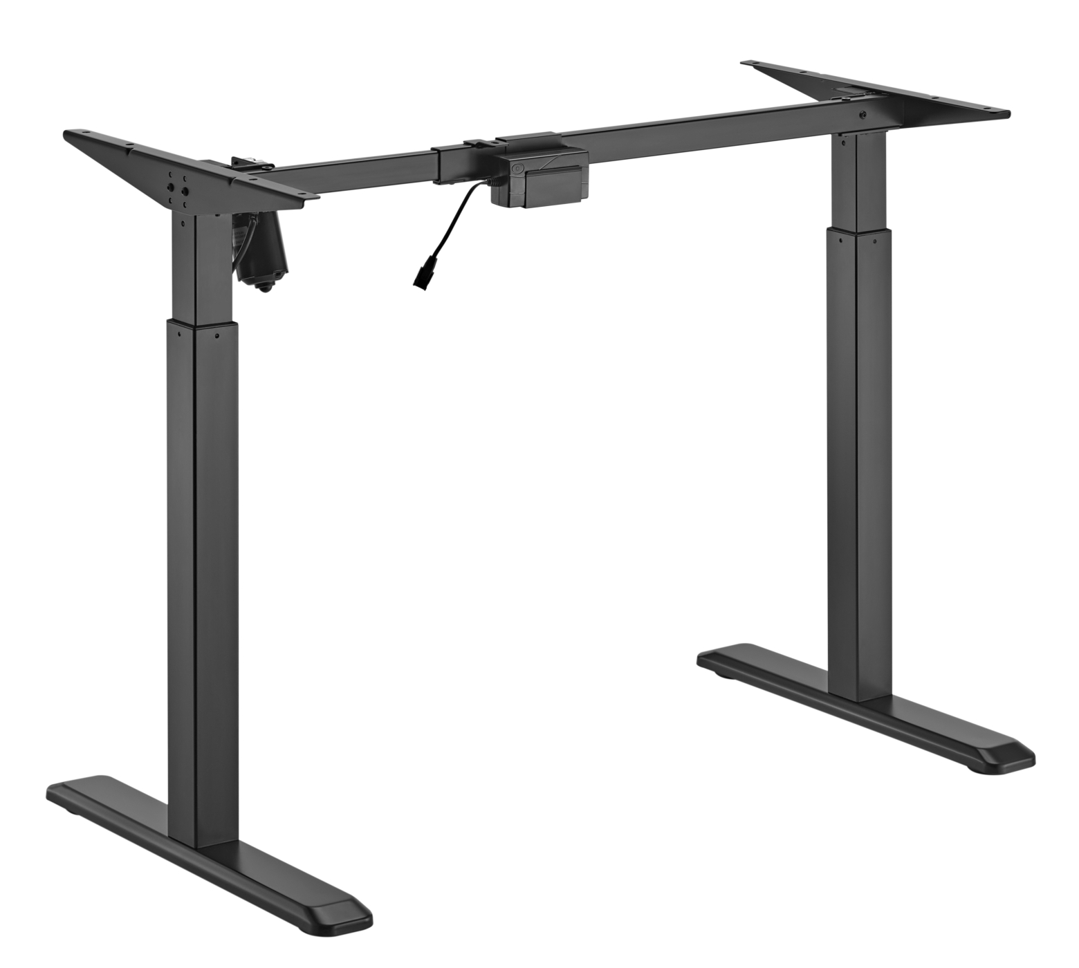 Een zwart verstelbaar bureauframe. Het staat in een studio-omgeving, met een op-en-neer-mechanisme.