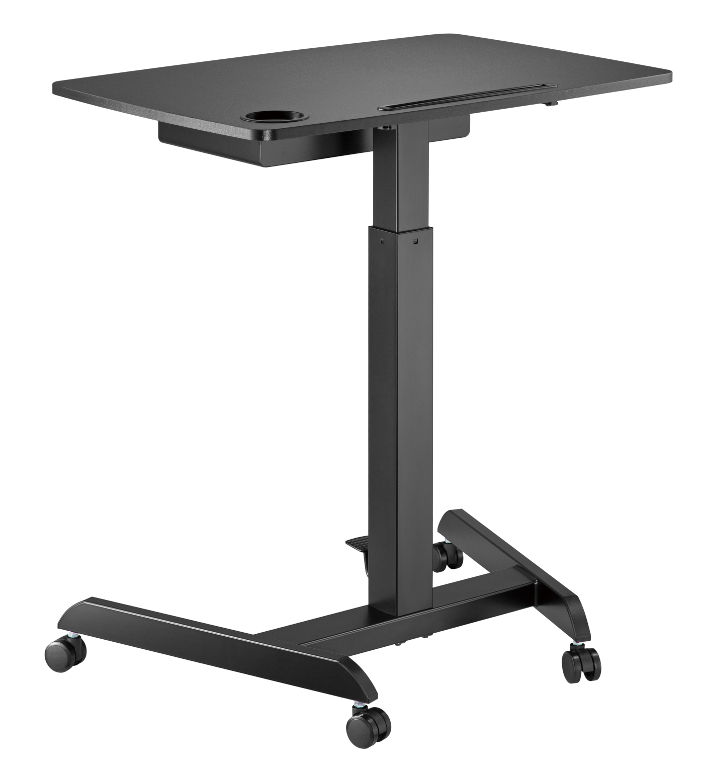 Zwarte verstelbare bureau op wielen. Heeft een bekerhouder en een lade.