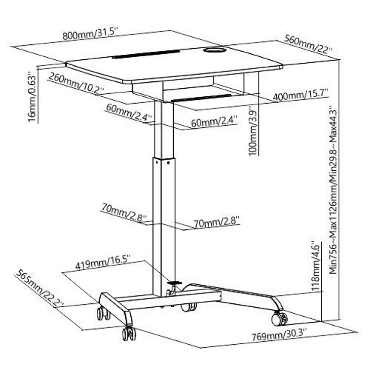 Diagram van een in hoogte verstelbaar bureau met afmetingen.
